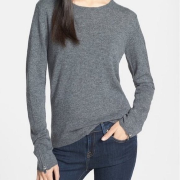 Maje Gray Dojussy Wool Cashmere Zip Cuff Crew Neck Long Sleeve Sweater Size 1/S - Picture 1 of 10